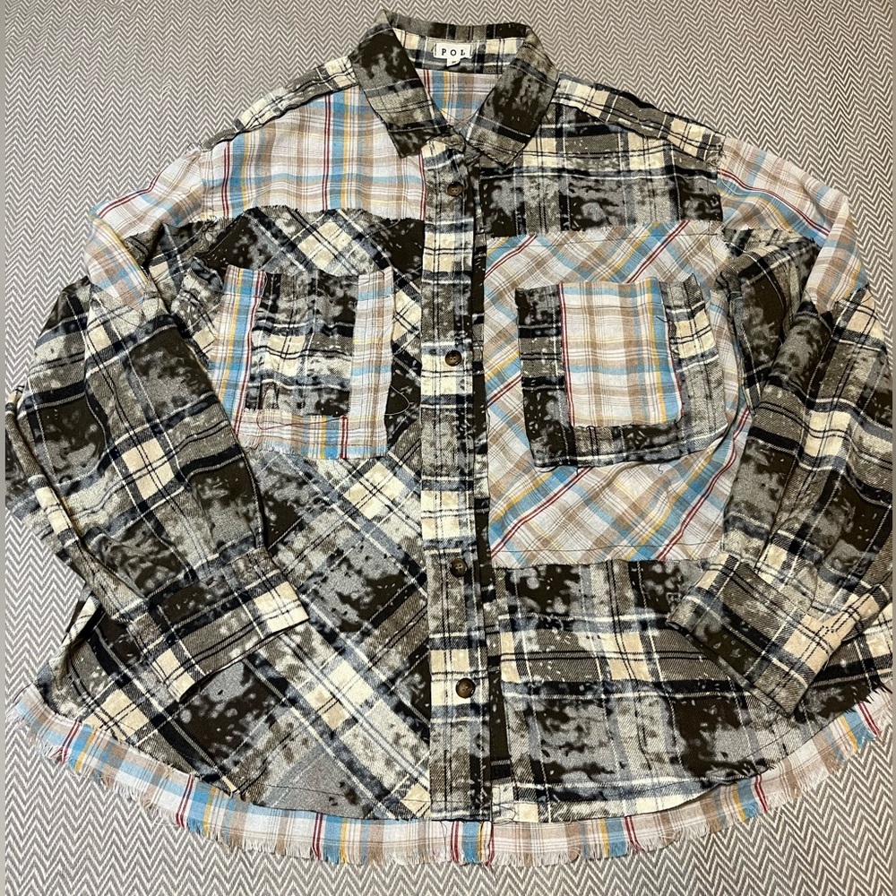 POL Rebel Roots Plaid Flannel Button Down Shirt/Shacket. Color: Choco Multi. - Picture 6 of 12